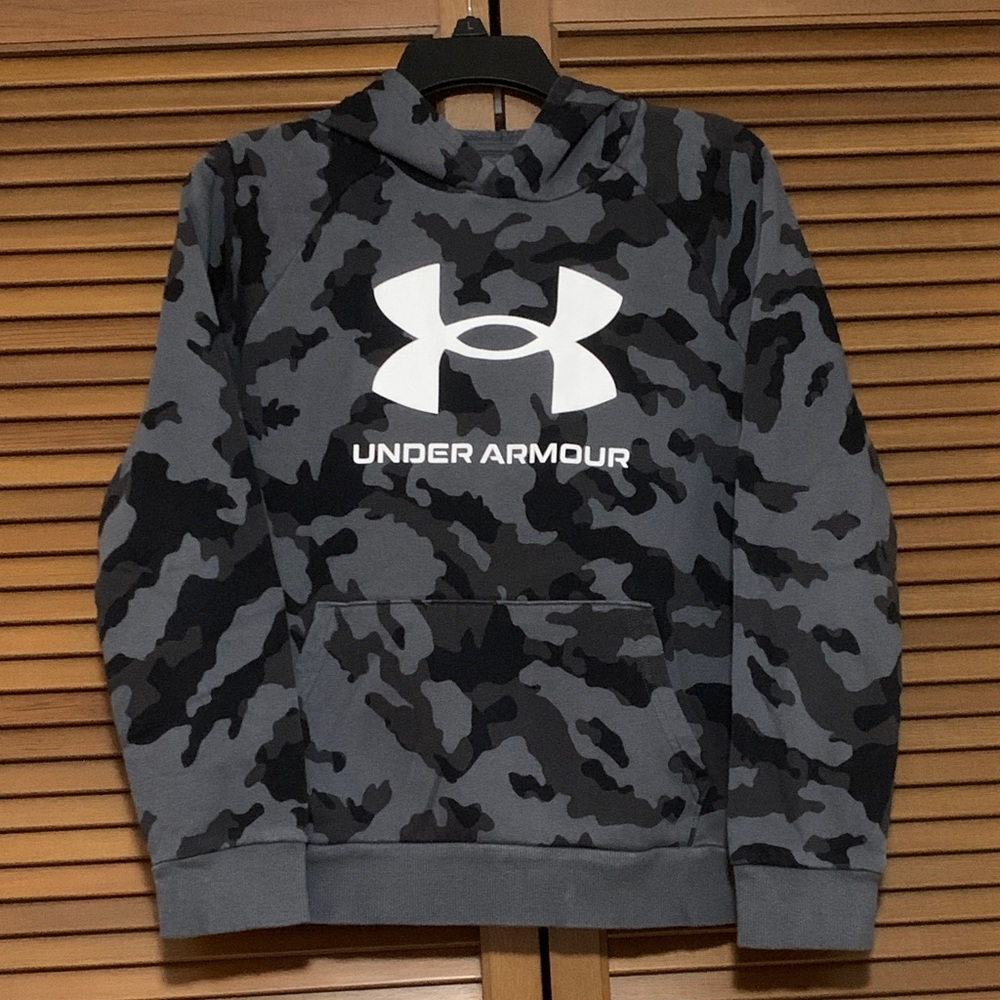 Under Armor Black Gray Loose Fit Camo Logo Hoodie Youth L